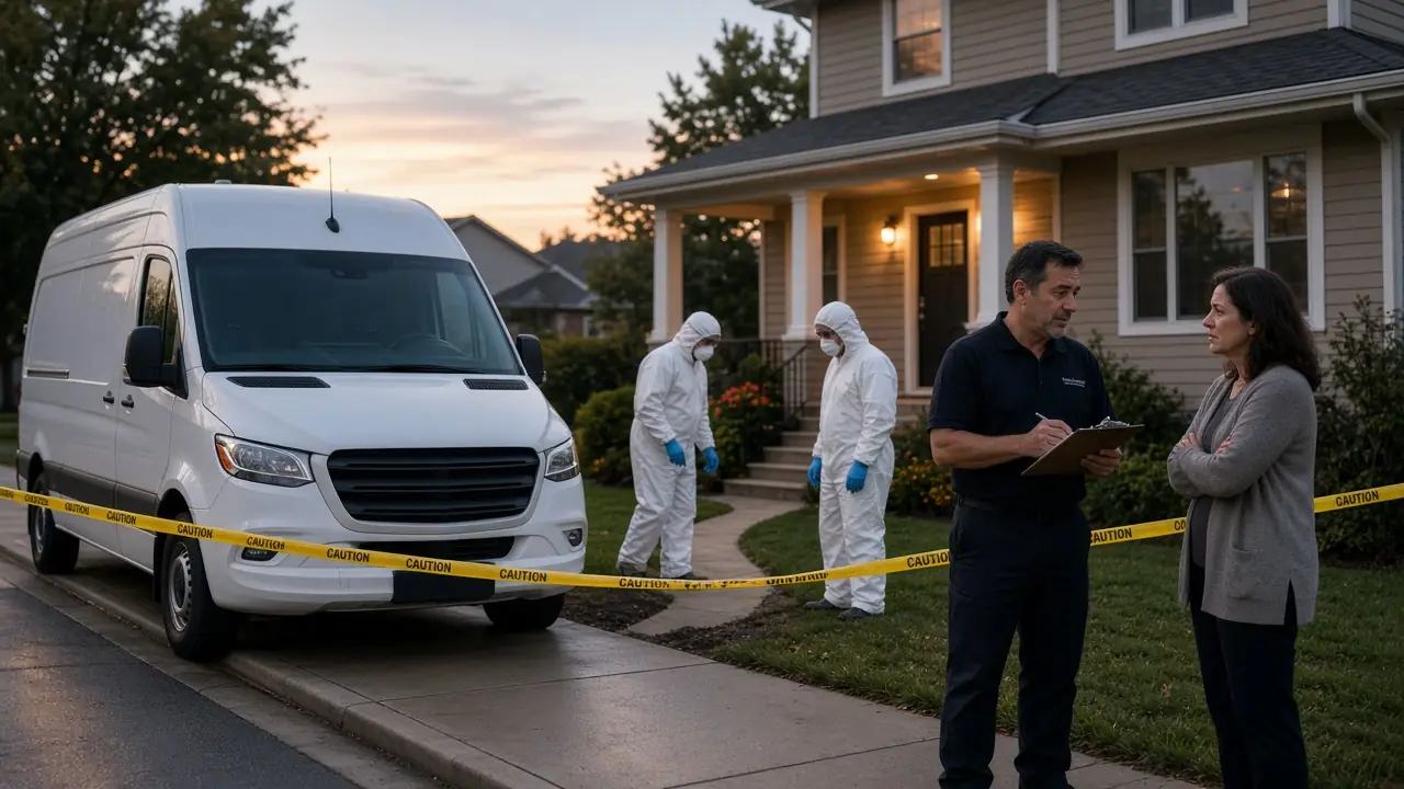 White service van at a suburban home at dusk, with a coordinator speaking to a homeowner.