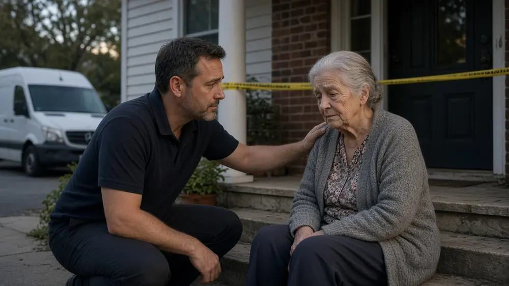 Cleanup supervisor reviewing next steps with a homeowner on the porch.